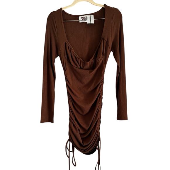 Princess Polly Brown Neive Long Sleeve Ribbed Ruched Mini Dress Size 6 - Picture 4 of 7